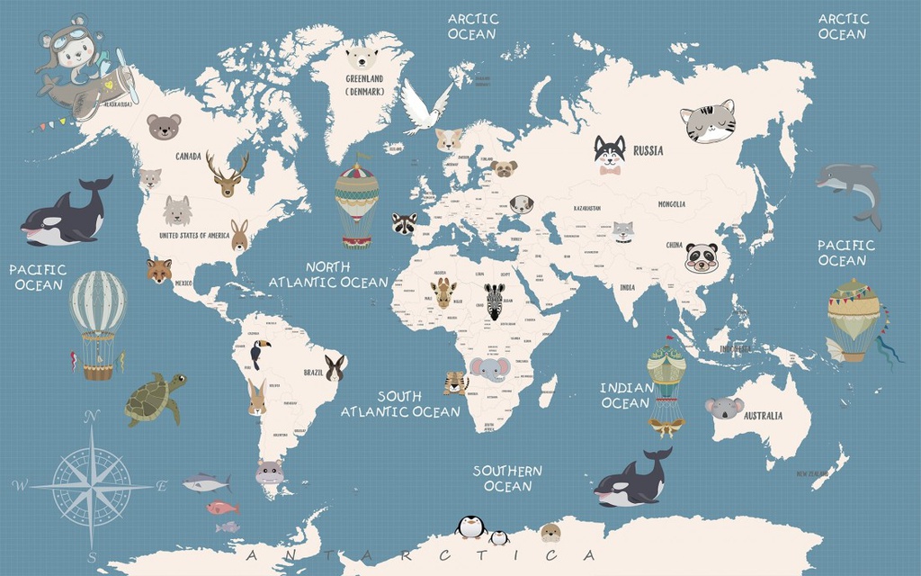 Papel Tapiz Niños Mapa Político del Mundo Con Globos de Aire