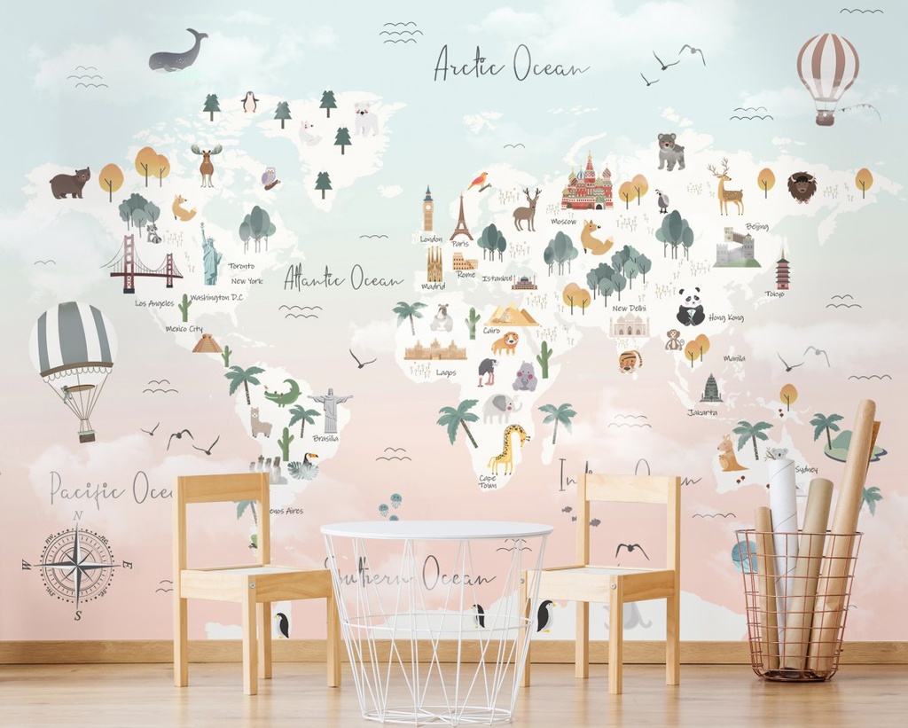 Papel Tapiz Mapa del Mundo Rosa con Globos y Animales