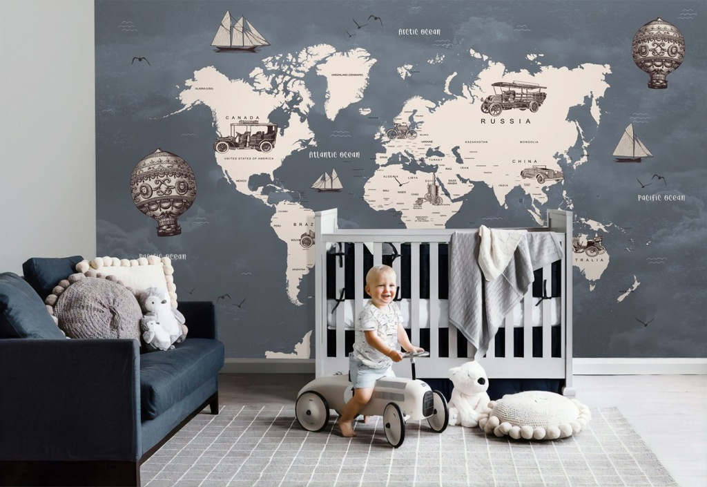 Papel Tapiz Niños Mapa del Mundo con Globos de Aire y Carros