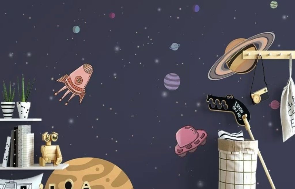 Papel Tapiz Espacio Cartoon en Acuarela con Planetas