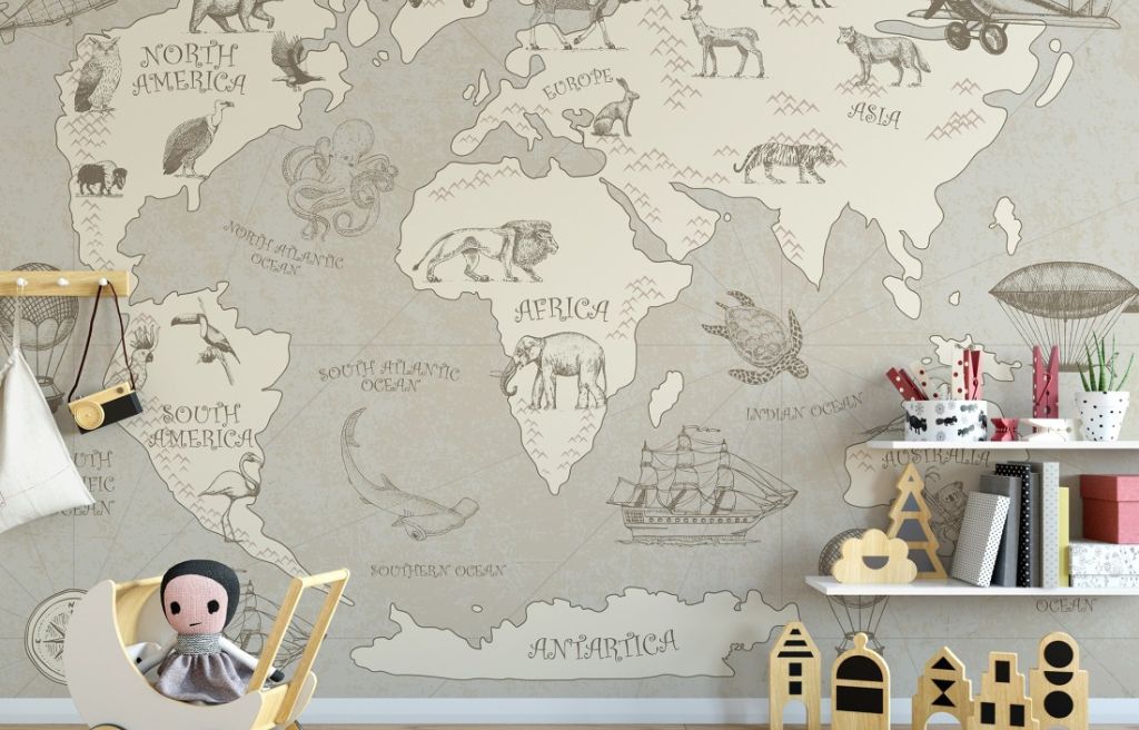 Papel Tapiz  - Mapa Vintage Cartografía Animales y Aviones