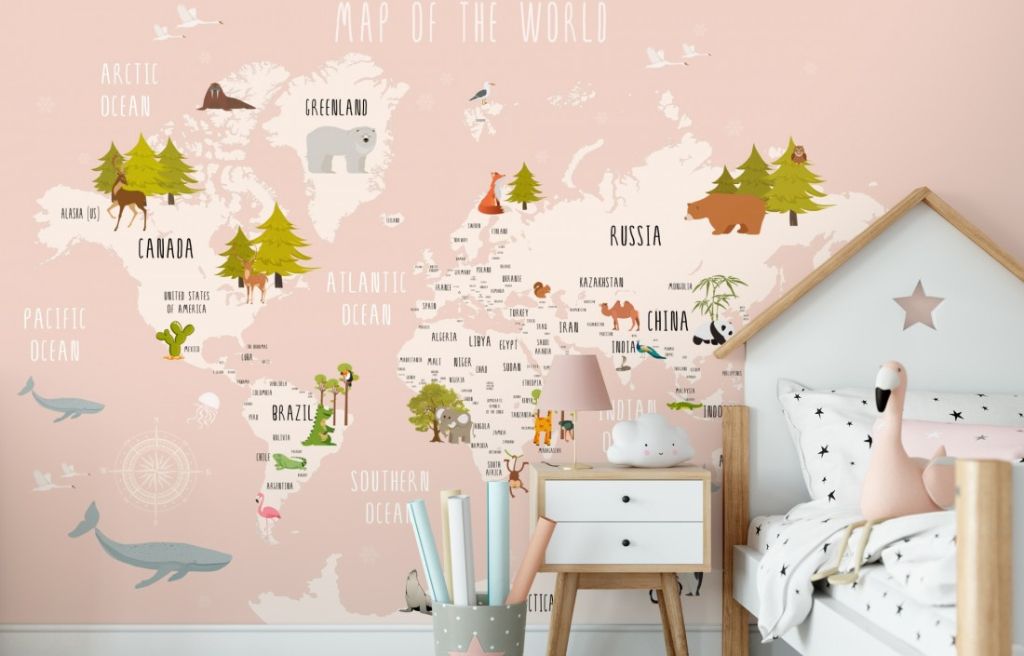 Papel Tapiz Niños Mapa Animales Cartoon - Rosa (M2)